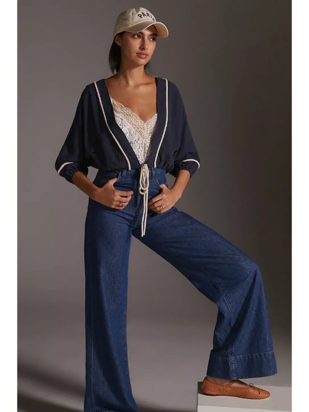 Anthropologie Nautical Shrug With Ivory Rope Trim & Tie Detail